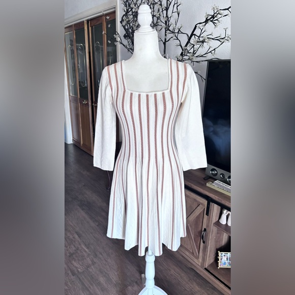 A-Line Sweater Dress cream and tan vertical stripes - Picture 4 of 16